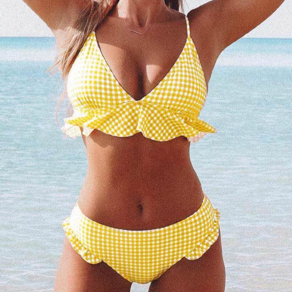 Cupshe Yellow Ruffle Gingham Bikini 2 Piece XL NEW